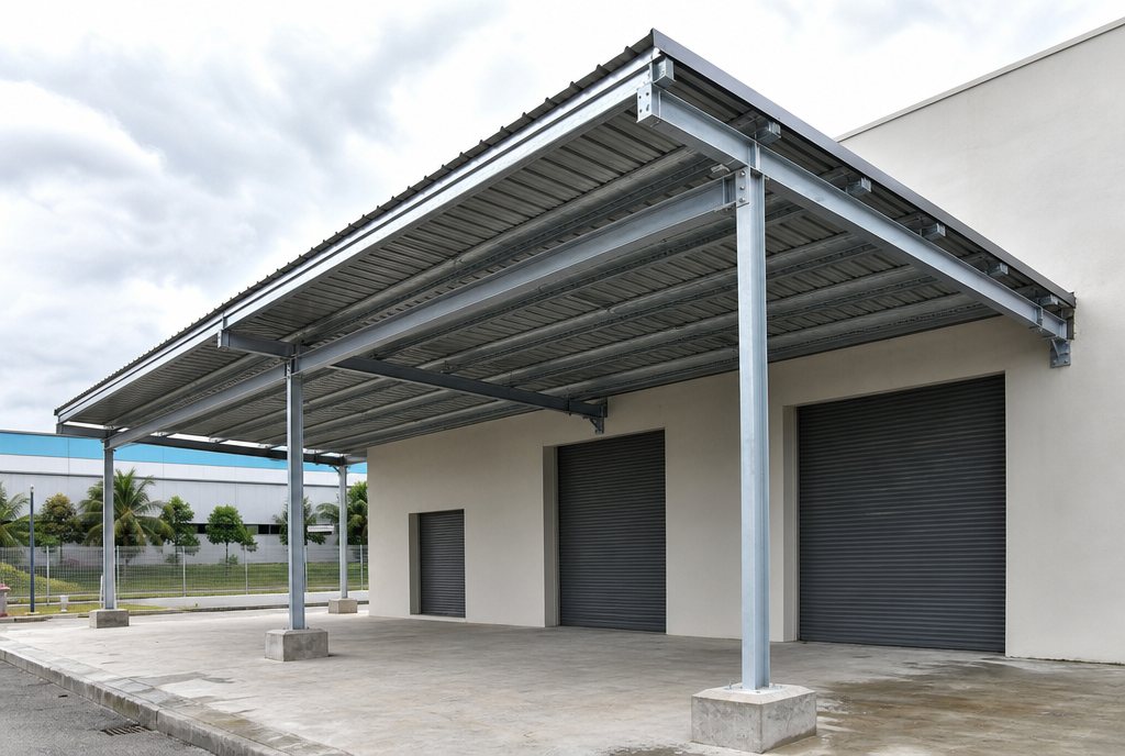 Galvanised steel awning with metal deck roofing over a factory loading bay