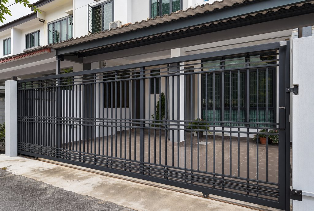 Newly installed dark grey steel sliding gate at a Malaysian terrace house