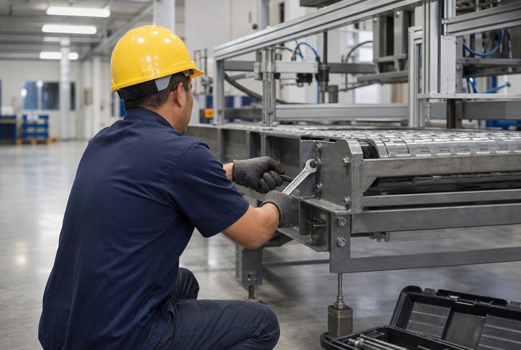 Technician in a hard hat servicing an industrial conveyor machine