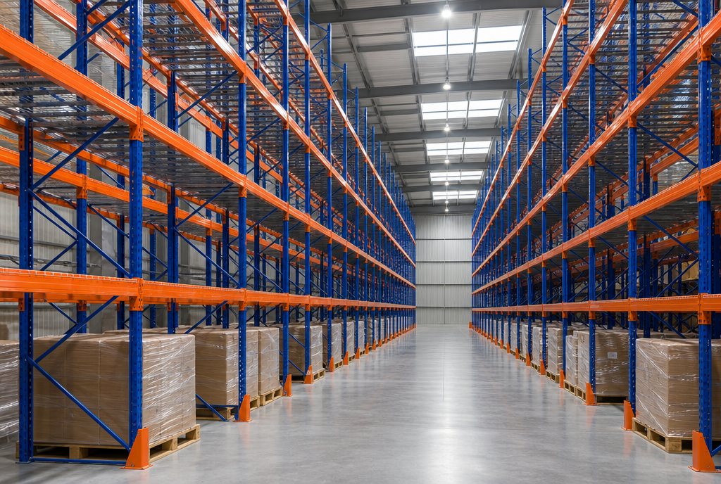 Rows of blue and orange heavy-duty pallet racking in a clean warehouse
